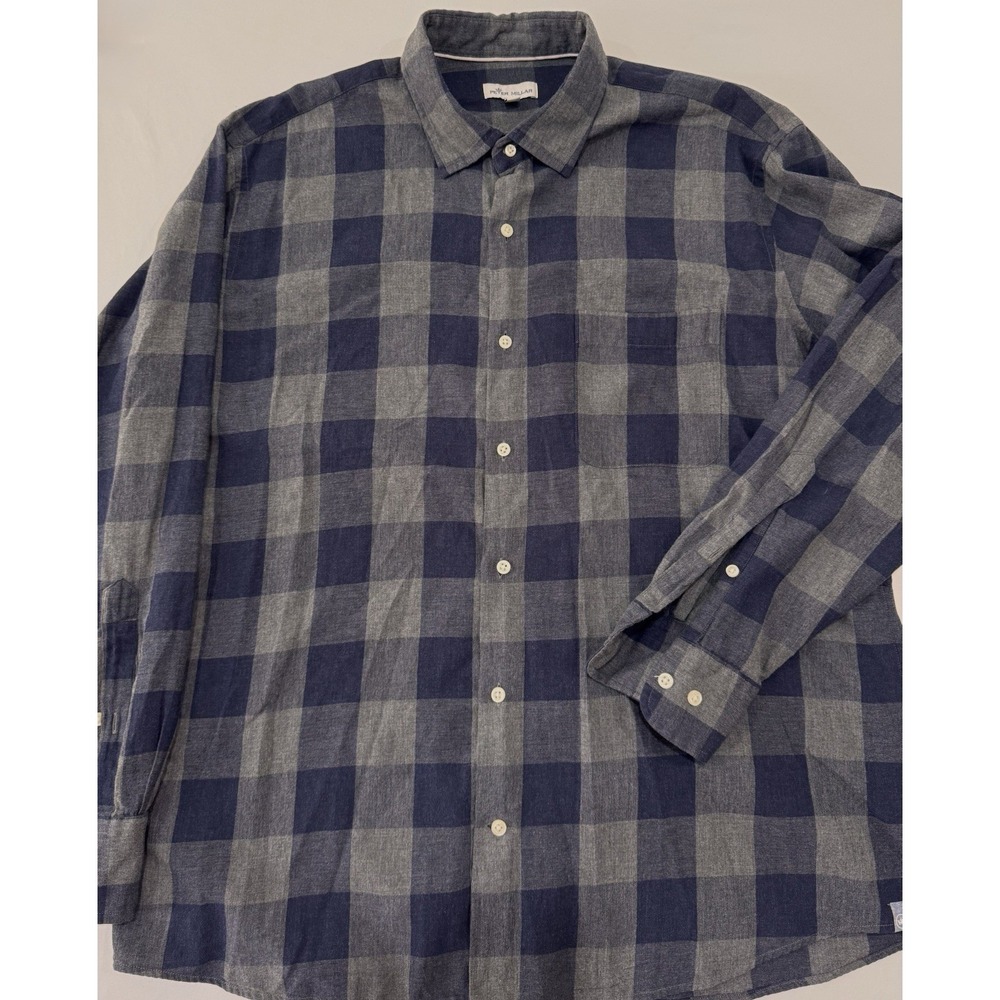 Peter Millar Plaid Button Down flannel Shirt Men XL Blue Gray Long Sleeve Cotton